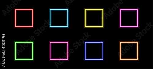 Glowing Neon Square Frames Collection in Vibrant Colors, Editable, Vector