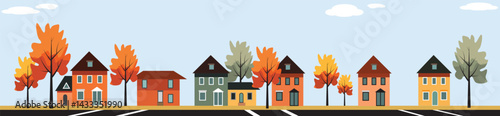 house with road,autumn street suburb district houses vector simple illustration.