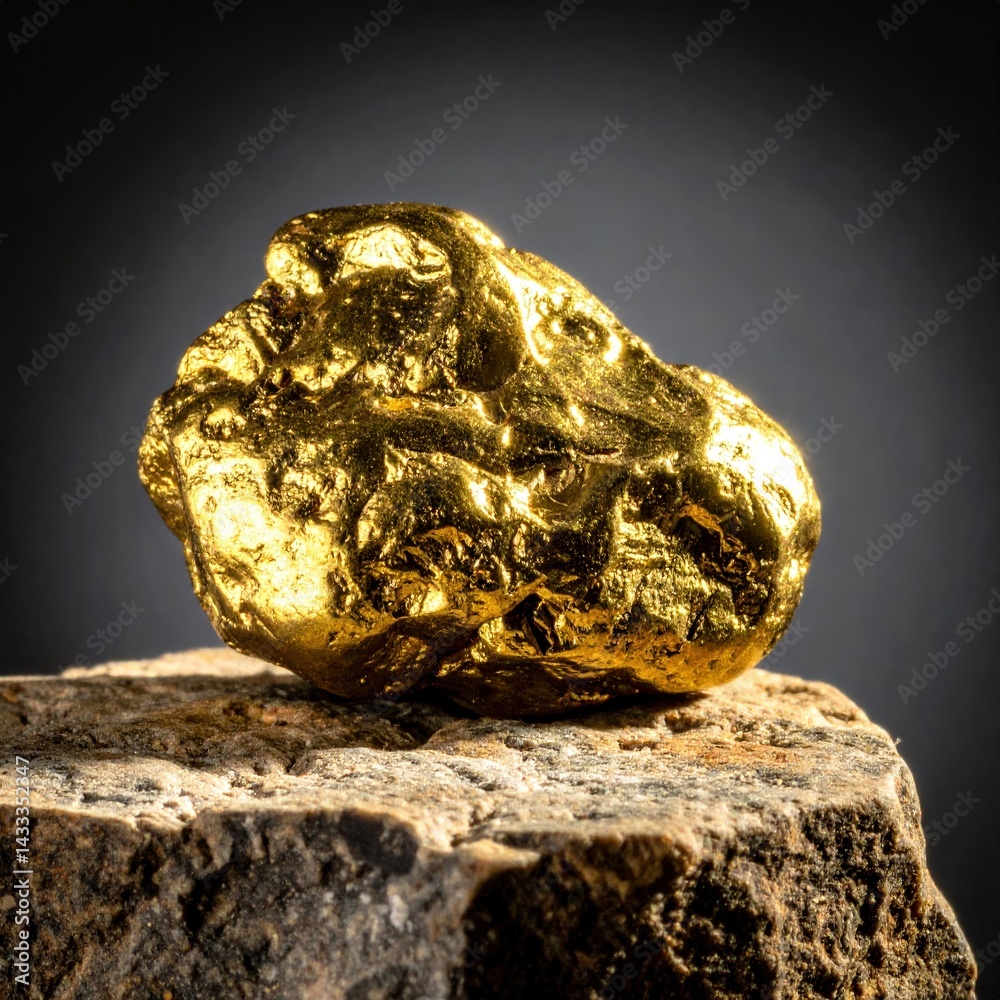 Shiny gold nugget on rocky surface with smooth texture and vibrant glow Shiny gold nugget on rocky surface with smooth texture and vibrant glow