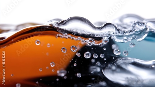 Dynamic close-up of two immiscible liquids with numerous bubbles at their interface, creating an abstract and vibrant visual.