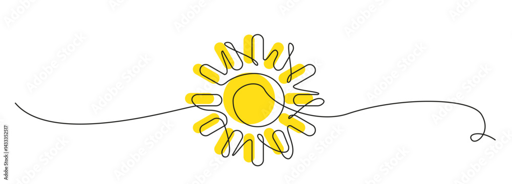 One line sun vector icon. Continuous sunshine outline, sunrise doodle, summer line illustration