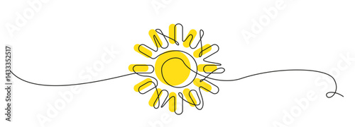 Obraz na płótnie One line sun vector icon. Continuous sunshine outline, sunrise doodle, summer line illustration w salonie