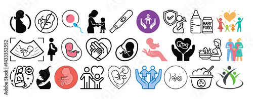 Set of Pregnancy, Childcare, Maternity Care, Baby Nutrition and Parenting icon set collection vector design.