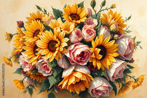 bouquet illustration featuring sunflowers, pink roses, and white daisies against a soft background, showcasing diverse floral elements in a lush arrangement.