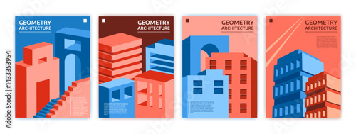 Minimal city architecture. Cube perspective minimalistic style posters. House graphic in abstract colorful geometry. Landscape pattern. Texture business banner. Vector wall art garish construction