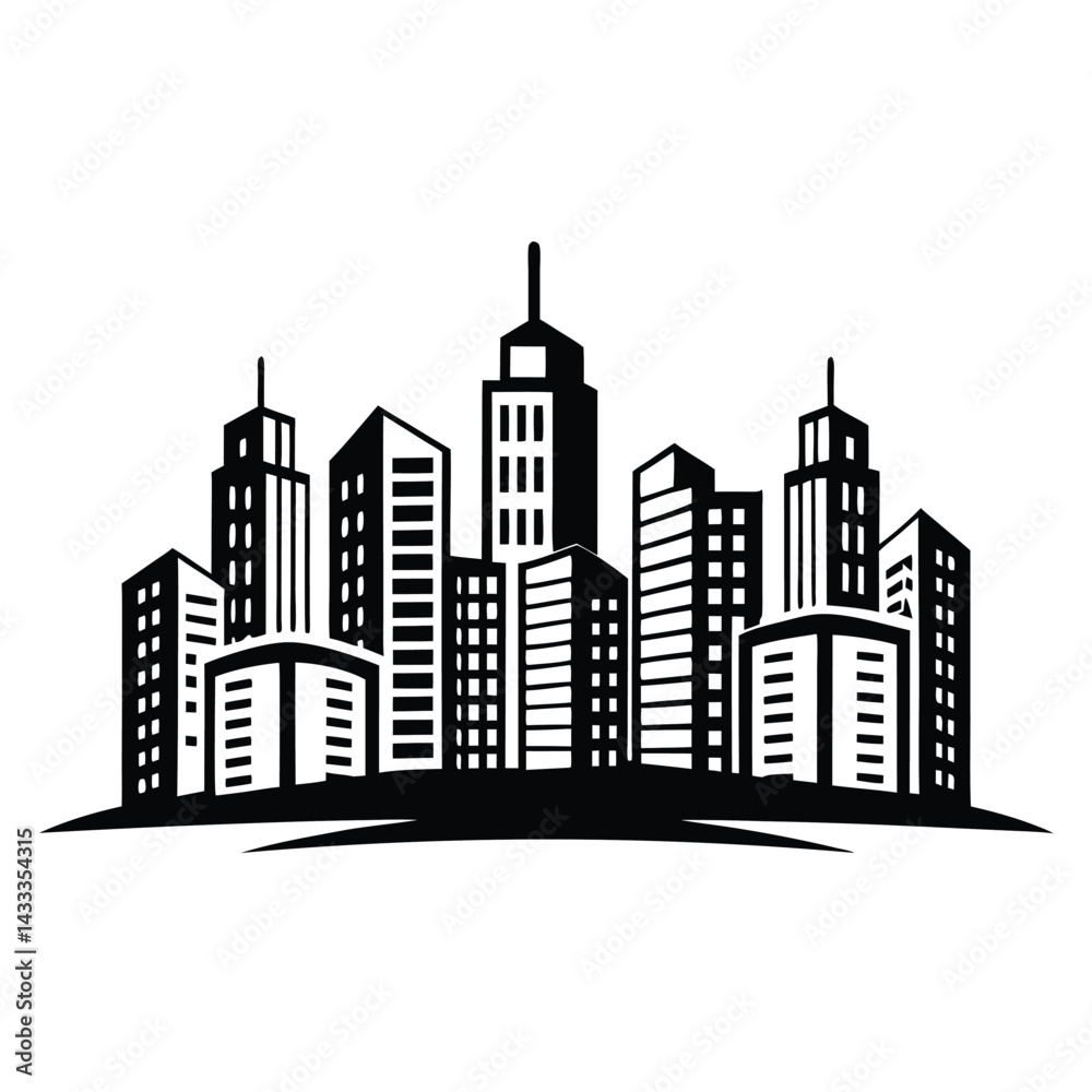 Black and White Cityscape Outline with Skyscrapers Silhouette Urban Skyline Design