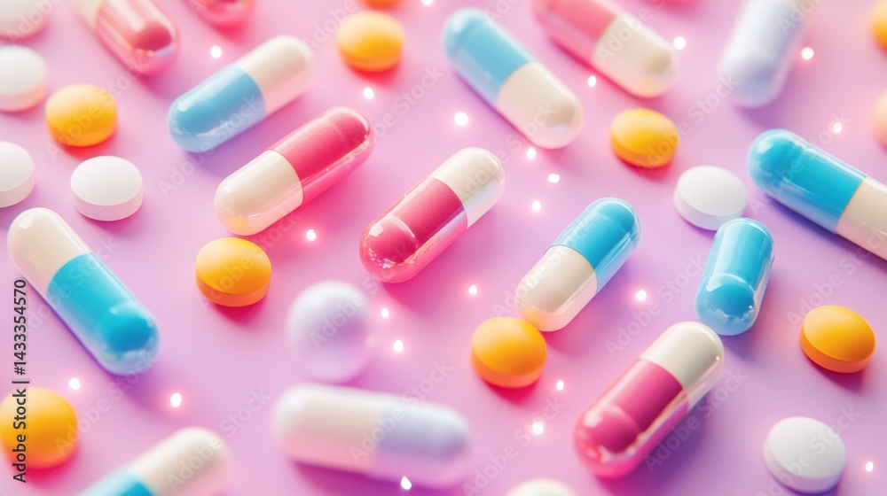 Colorful pills and capsules scattered on a pink surface Colorful pills and capsules scattered on a pink surface
