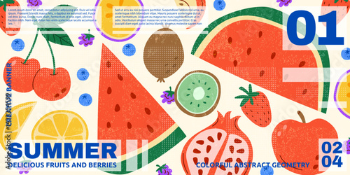Fruit abstract. Summer food, tropical plants. Strawberry, watermelon, sweet cherry and orange. Background of restaurant modern minimal poster, typography banner. Ripe slice berry. Vector garish nature