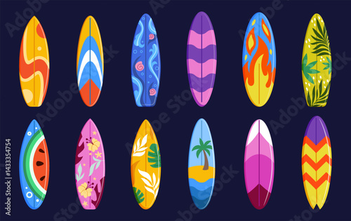Colorful surfboard. Board for surfing. Summer tropical pattern. Water beach icon. Sea wave sport element. Ocean vacation symbol. Shortboard and longboard. Float design. Vector tidy illustrations set