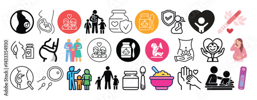 Set of Pregnancy, Childcare, Maternity Care, Baby Nutrition, Pregnancy Healthcare and Parenting icon set collection vector design.