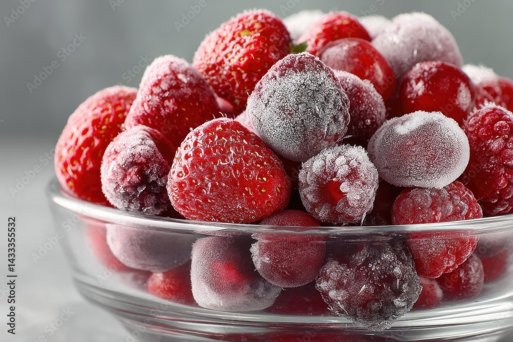 A close-up shot of a glass bowl filled with frosty strawberries and raspberries, creating a refreshing and visually appealing display for healthy eating enthusiasts.