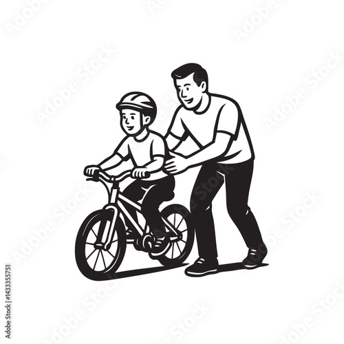 father teaches child to ride a bicycle
