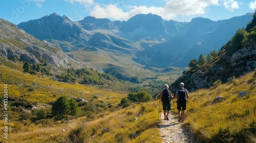 Senior couple hikes trail, backpacks on, poles assisting, embracing outdoor activity, enjoying scenic mountain views.