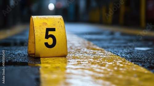Evidence marker signifies important clue at accident location, suggesting danger and intrigue. Wet street, crime scene.