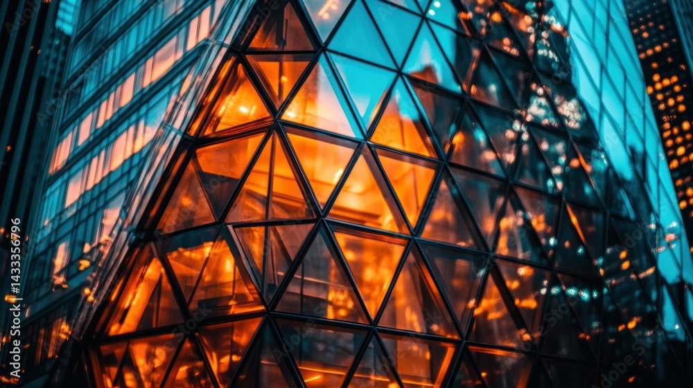 Fototapeta premium The illuminated and modern architecture showcases a geometric pattern design