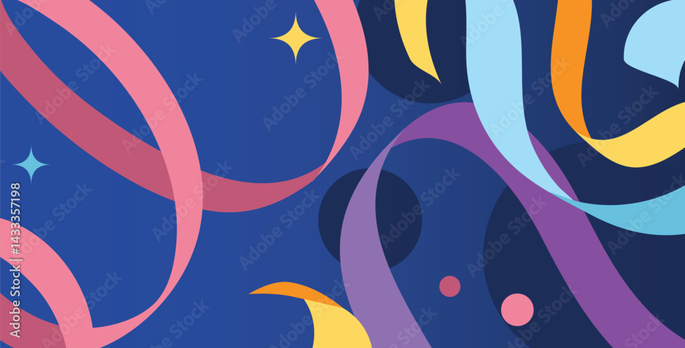 Obraz premium Variety of bright colorful confetti on a banner template with space for ext. Good for Happy Birthday or New Year Holidays template.