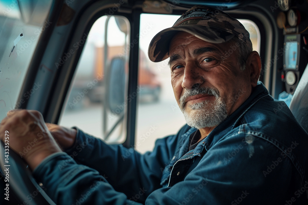 Generative AI portrait of a smiling truck driver inside a vehicle, showcasing a confident and professional demeanor Generative AI portrait of a smiling truck driver inside a vehicle, showcasing a confident and professional demeanor