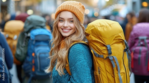 Smiling Young Woman with Backpack Ready for Adventure