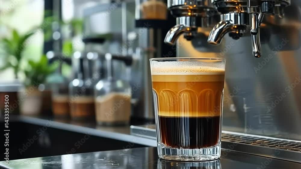 Freshly Brewed Coffee in Clear Glass Baristas Art of Espresso and Creamy Beverage Layers at Modern Cafe