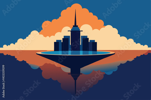 reflection of thunderclouds in city fountain .eps
