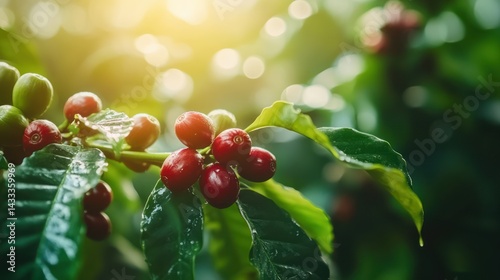 Coffee berries grow on branch, showcasing unripe green, ripening red stages, signifying coffee cultivation.