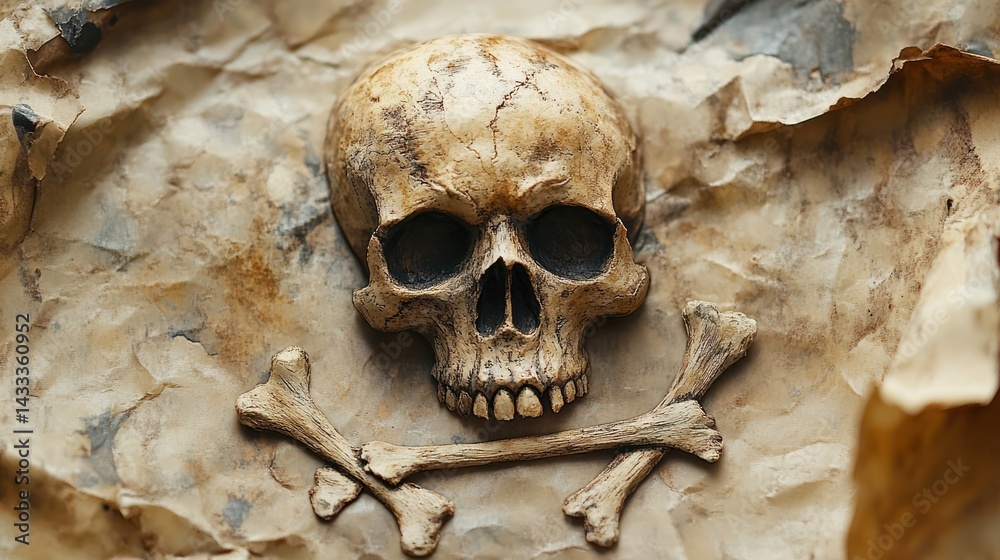 Skull and crossbones lie centered atop weathered parchment, evoking notions of mortality, danger and threat. Skull and crossbones lie centered atop weathered parchment, evoking notions of mortality, danger and threat.