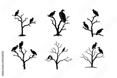 Leafless Tree with Vultures Silhouette Vector Illustration