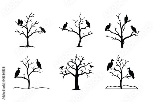 Eerie Vultures on Tree Silhouette Vector Illustration