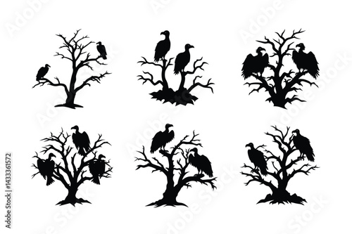 Group of Vultures Silhouette Vector Illustration on Tree