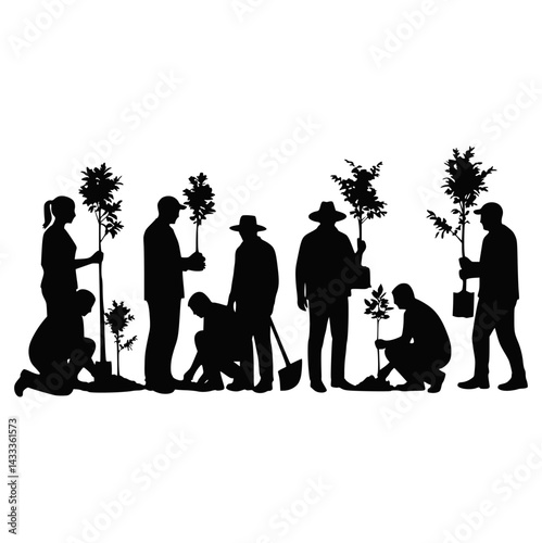 Team Planting Trees Together – Community Reforestation and Environmental Conservation Concept