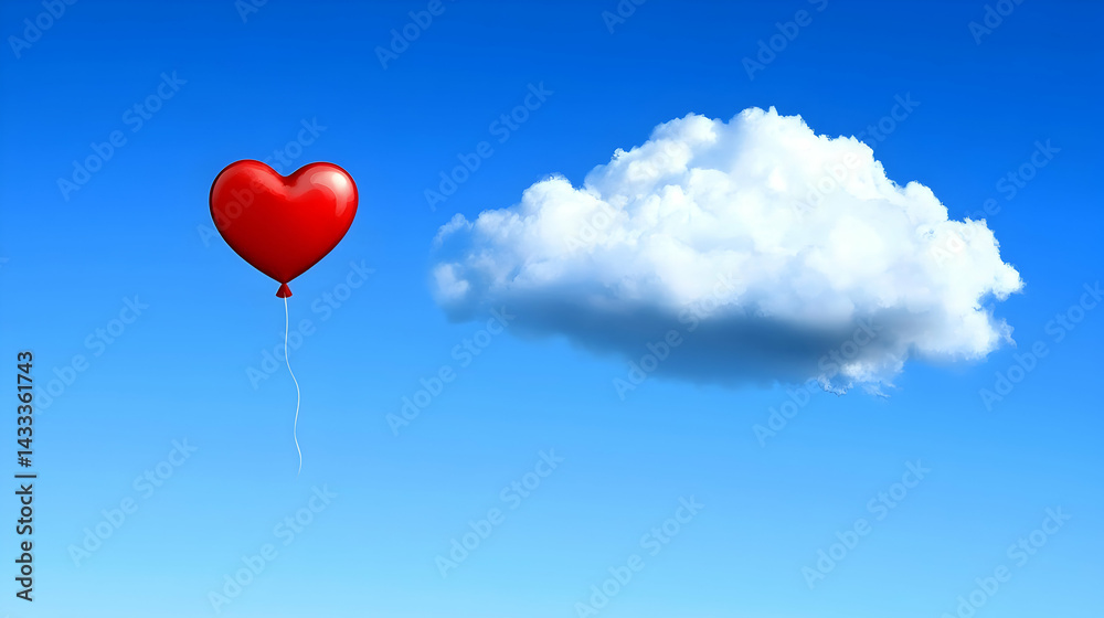 Red heart balloon floats near fluffy cloud against a clear blue sky; perfect for love, hope, or Valentine's Day designs Red heart balloon floats near fluffy cloud against a clear blue sky; perfect for love, hope, or Valentine's Day designs