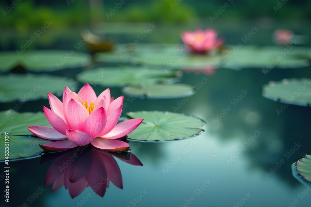 Delicate lotus flowers form a repeating pattern on calm lake , serene, aquatic Delicate lotus flowers form a repeating pattern on calm lake , serene, aquatic