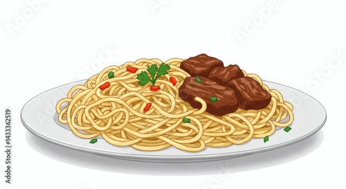 A plate of spaghetti with meat cubes and garnished with parsley and red pepper flakes vector art