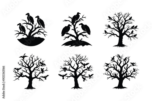 Vultures Resting on Branch Silhouette Vector Illustration