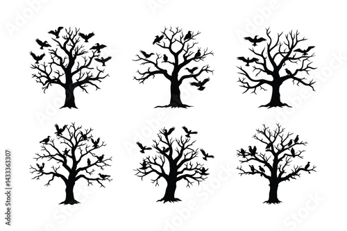 Lonely Tree with Vultures Silhouette Vector Illustration