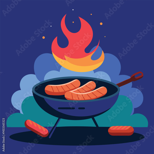 Camping Food & Cooking Gear vector silhouette illustration Vector scene of sausages grilling over wood fire with cast iron pan on side