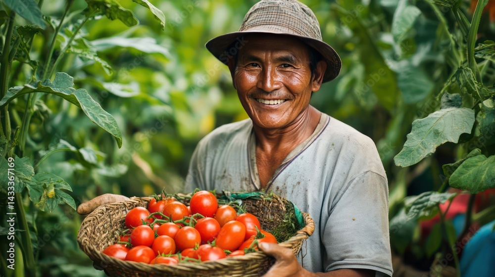Fototapeta premium Smiling farmer showcases a tomato bounty