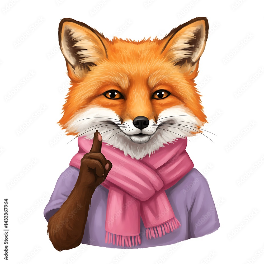 Fototapeta premium Clever Fox Character Illustration Wearing Scarf and Expressing Friendly Gesture with a Smile