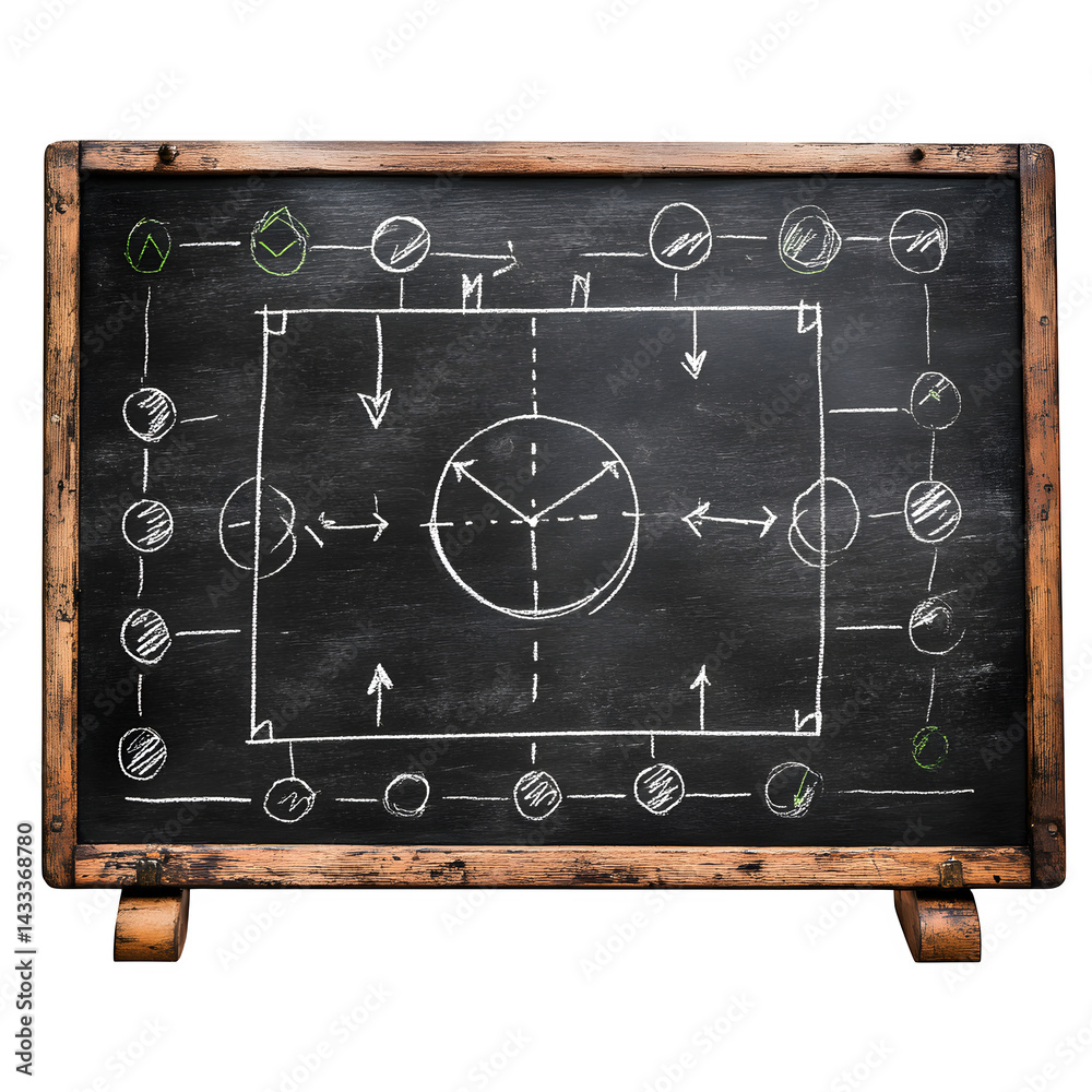 Fototapeta premium Diagram on a chalkboard with circles arrows and lines showing a process or strategy concept drawing