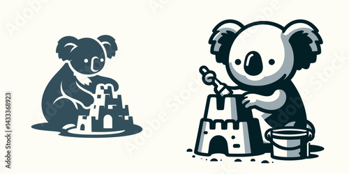 Koala Building a sandcastle. Funny Animal Vector Clip art. Marsupial erecting dune castle cute critters beachside construction project.