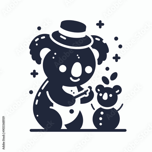 Koala Building a snowman. Funny Animal Vector Clip art. Marsupial crafting frosty figure winter holiday fun adorable creature creation.