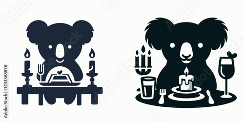 Koala Candlelit Dinner. Funny Animal Vector Clip art. Marsupial cozy supper romantic dreamy evening meal under burning taper.