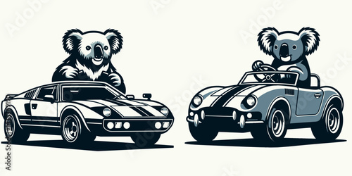 Koala drive retro sport car. Funny Animal Vector Clip art. Marsupial pilot vintage auto a speedy vehicle classic design theme.