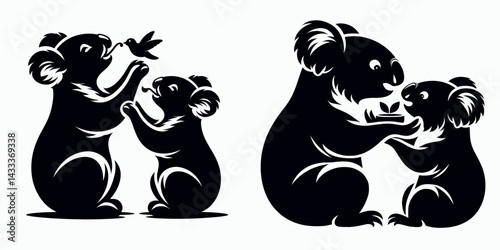 Koala Feeding each other. Funny Animal Vector Clip art. Marsupial consuming nourishment offered by another mutual care behavior.