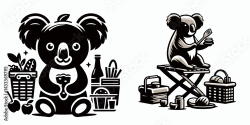 Koala picnic. Funny Animal Vector Clip art. Marsupial get-together an arboreal meal among eucalyptus a wildlife outing.