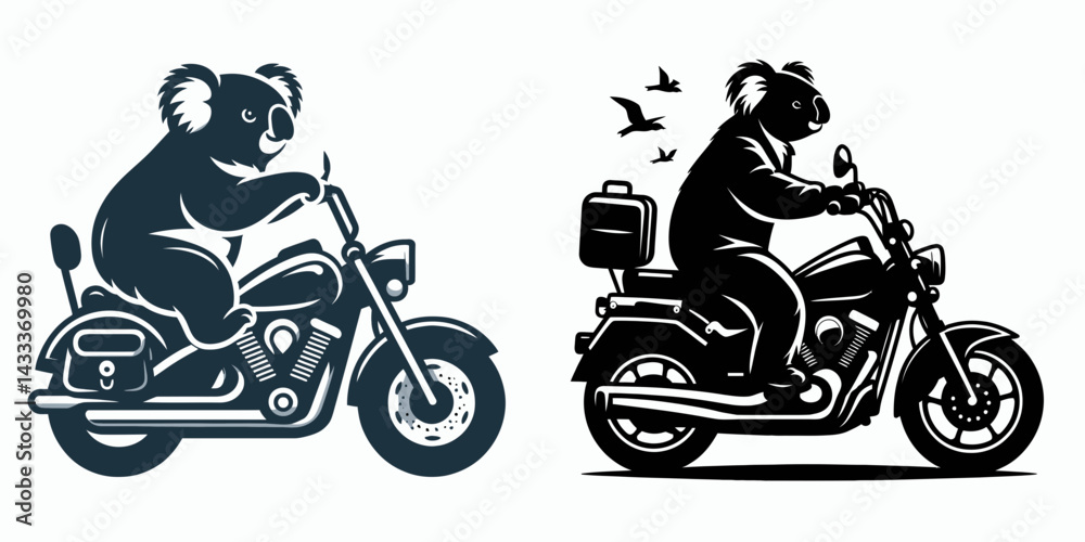 Obraz premium Koala ride cruiser motorcycle. Funny Animal Vector Clip art. Marsupial mount touring motor bike a custom voyage on two wheels.