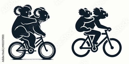 Koala Riding a bicycle together. Funny Animal Vector Clip art. Marsupial on cycle joyful excursion concept for freedom and adventure.