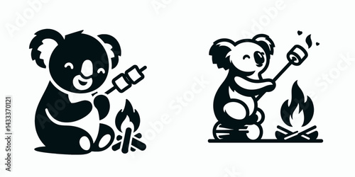 Koala roasting marshmallows. Funny Animal Vector Clip art. Furry marsupial toasting a sugary confection over glowing ember campfire.