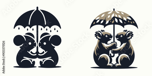 Koala Sharing an umbrella. Funny Animal Vector Clip art. Marsupial beneath rain protector buddy system cozy refuge from stormy weather.