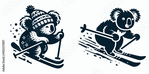 Koala ski on snow. Funny Animal Vector Clip art. Marsupial glides upon wintry powder downhill recreation unique fauna activity.